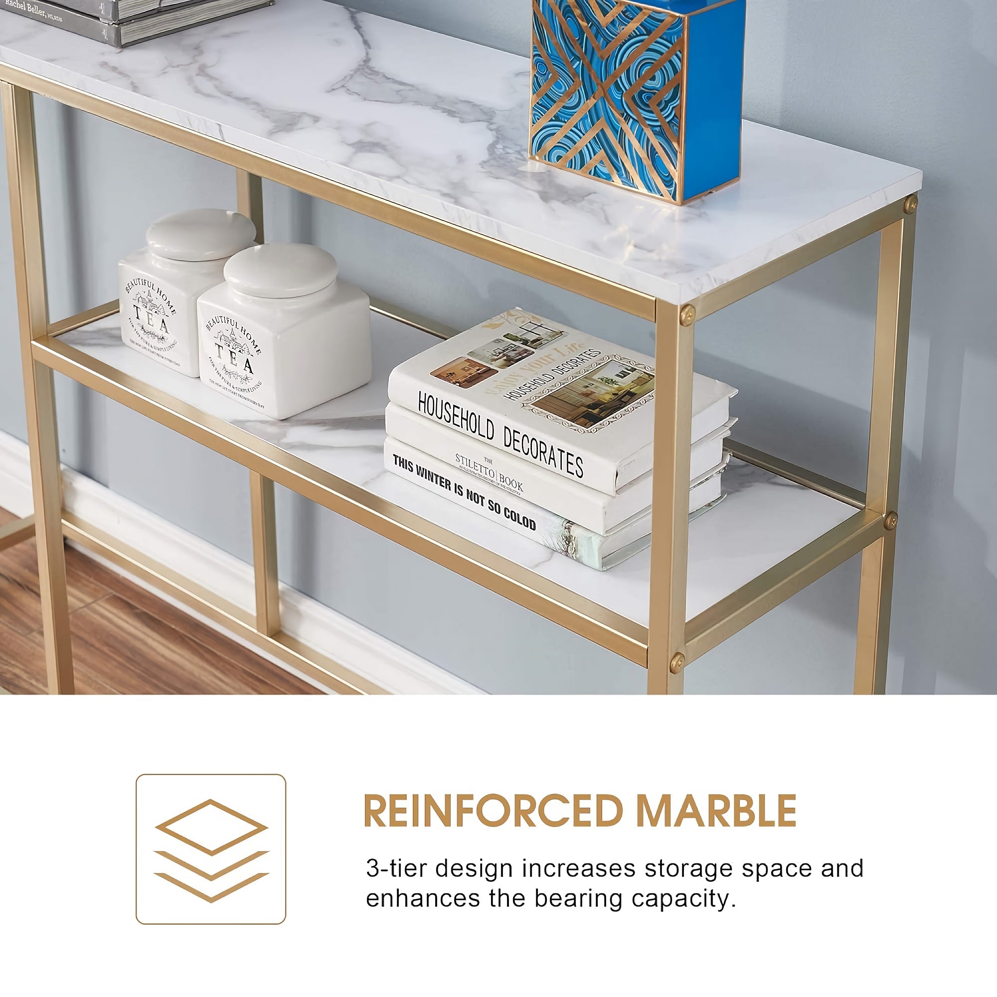 3-Tier Console Table, 120 cm Faux White Marble Buffet Table with Storage Shelf, for Home, Hallway, Living Room (White-Gold) - 6090-Sage-80GOLD 3-Tier Console Table, 120 cm Faux White Marble Buffet Table with Storage Shelf, for Home, Hallway, Living Room (White-Gold) - 6090-Sage-80GOLD